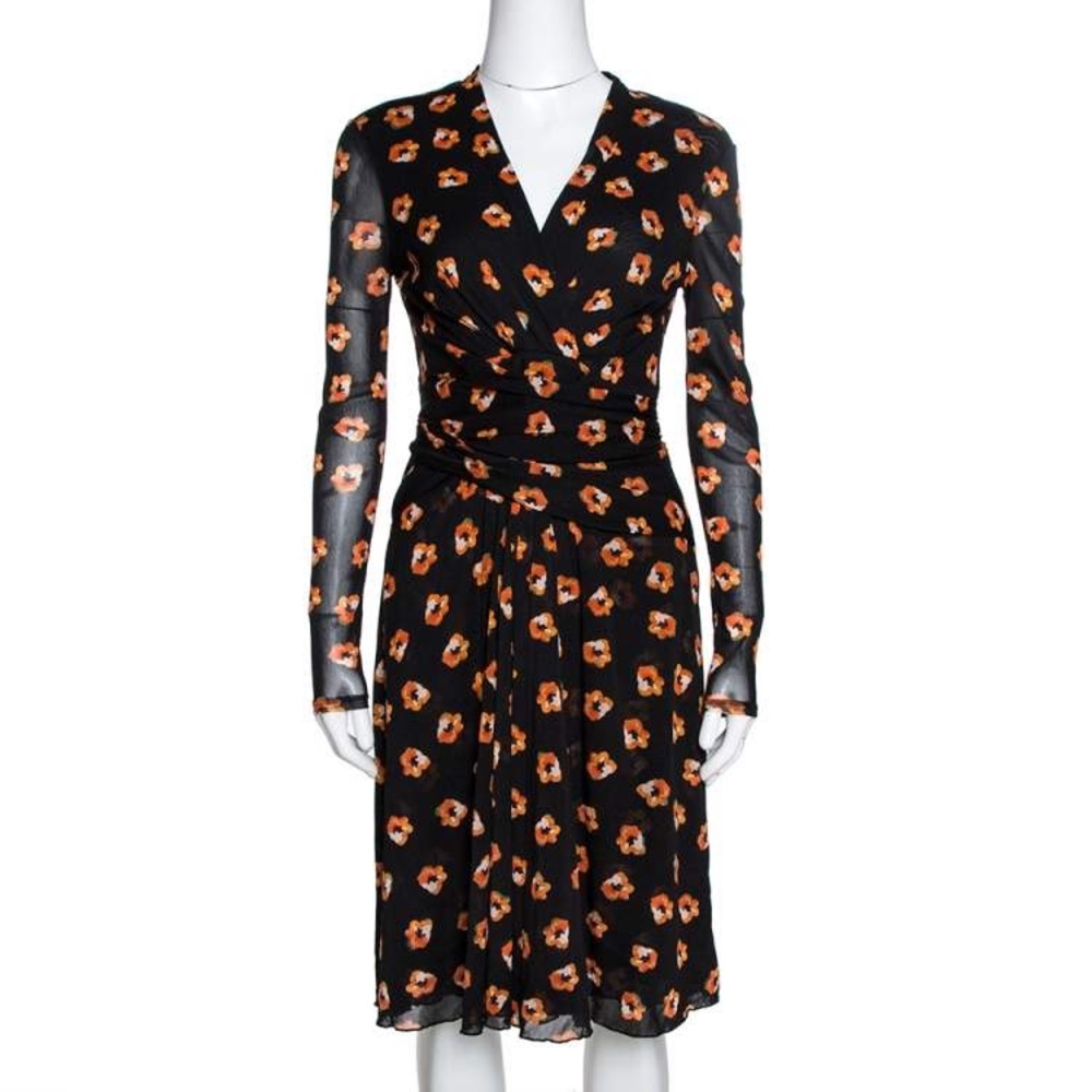 Diane Von Furstenberg Black and Orange Long Sleeve Wrap Dress